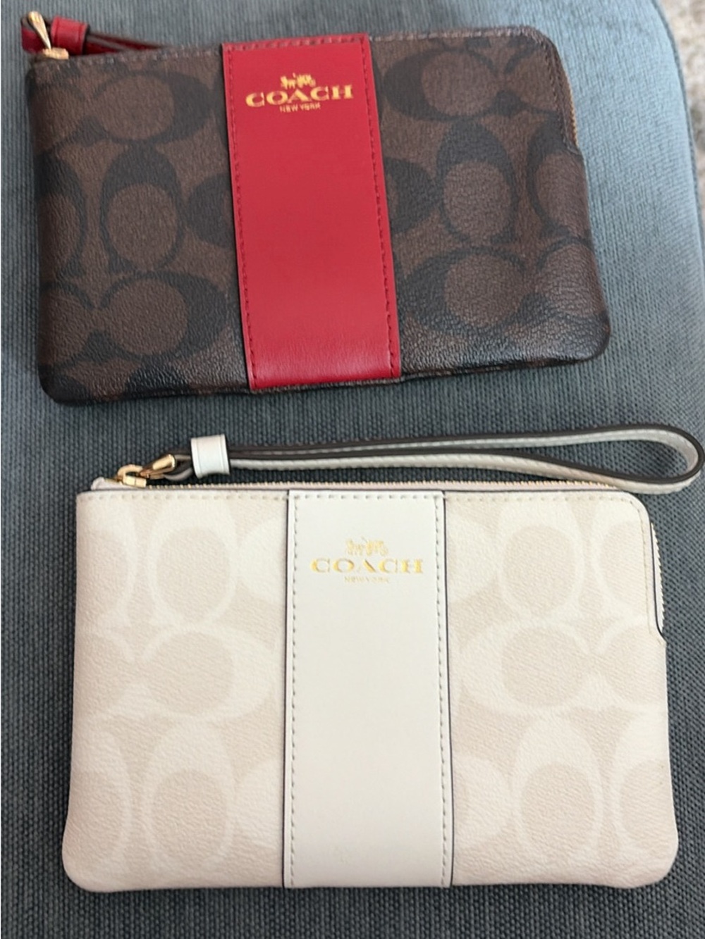 Coach Cream and Brown Signature Wristlet Duo with Red Accent